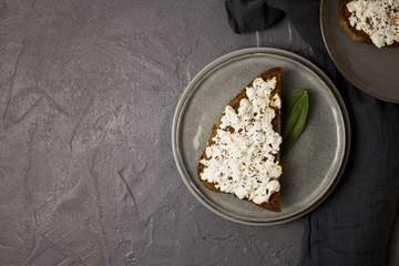 homemade italian ciabatta bread with chees Feta, olive oil and tomato sauce, top view