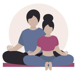 Obraz na płótnie Canvas Family yoga concept. man, woman and girl in lotus position. Mom, dad and daughter meditation together on sport mat. Cute illustration in flat style.