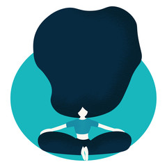 Woman sitting on sport mat  in lotus position and meditating. Female character adult  doing yoga asana . Illustration in flat style.