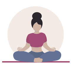 Woman sitting on sport mat  in lotus position and meditating. Female character adult  doing yoga asana . Illustration in flat style.