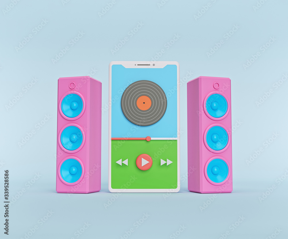 Aufkleber music, audio Player interface with loading bar and additional buttons on a smartphone and speakers. minimal concept. 3d rendering