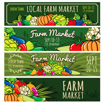 Set of 4 banners for the design of the farmer's eco market, signs for the vegetable shop. colorful cartoon style