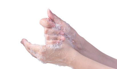 Washing hand step instruction isolated on white background. Asian young woman using liquid soap, concept of protecting pandemic coronavirus, close up.