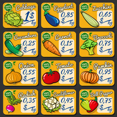 Set of 12 price tags for organic vegetables on an orange background