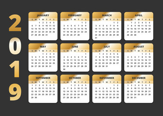 2019 Calendar. Happy new Year Print gold and black style Template. Week Starts Sunday. Vector illustration