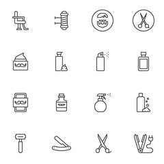 Barber shop accessories line icons set. linear style symbols collection, outline signs pack. vector graphics. Set includes icons as armchair, scissors, shave razor, mustache balm, shaving foam, spray