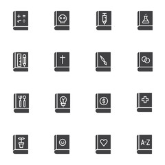 School books vector icons set, modern solid symbol collection, filled style pictogram pack. Signs, logo illustration. Set includes icons as mathematics, anatomy, chemistry science, dictionary book