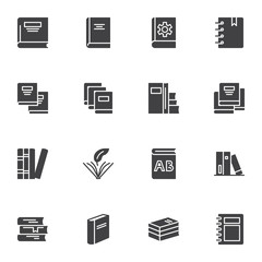 Bookstore books vector icons set, modern solid symbol collection, filled style pictogram pack. Signs, logo illustration. Set includes icons as school book reading, dictionary, textbook, library, diary