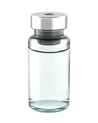 Clear Glass Medicine Vial with Solution for Injection. 3D Render Isolated on White Background.