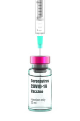 Vial with COVID-19 Coronavirus Vaccine and Syringe for Injection. Clear Glass Medicine Bottle with Label and Red Cap Pierced by Needle. 3D Render Isolated on White Background.