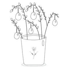 Black and white willow in a vase with Easter eggs. Nice easter ornament.  Vector illustration. Drawing for child. Celebration willow. Sketch, outline graphic, design. Isolated, doodle, vintage line.
