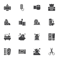 Hygiene products vector icons set, modern solid symbol collection, filled style pictogram pack. Signs, logo illustration. Set includes icons as sanitary napkin, toilet paper, antiperspirant, wash hand