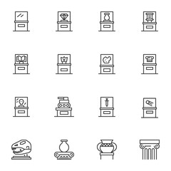 Museum ancient exhibits line icons set. linear style symbols collection, outline signs pack. vector graphics. Set includes icons as ancient amphora, dinosaur, ancient architecture column, parchment