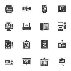 Office tools vector icons set, modern solid symbol collection, filled style pictogram pack. Signs, logo illustration. Set includes icons as printer, projector screen, computer mouse, modem, telephone
