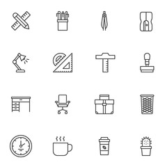 Office supplies line icons set. linear style symbols collection, outline signs pack. vector graphics. Set includes icons as pen and ruler, desk lamp, stamp, office chair, coffee cup, clock, briefcase