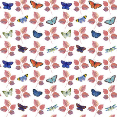 Seamless pattern with bright butterflies and branches. Botanical colorful pattern for wrapping paper. Small repeating colorful pattern of butterflies and leaves.