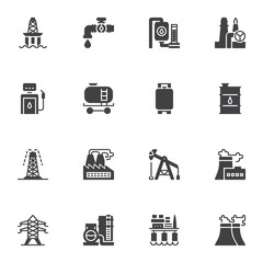 Oil industry vector icons set, modern solid symbol collection, filled style pictogram pack. Signs logo illustration. Set includes icons as oil platform, refinery factory, gas drilling rig, fuel barrel