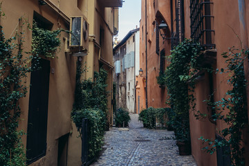 Narrow pedestrian street in historic part of Bologna city, Italy © Fotokon