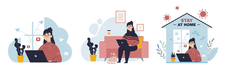 Stay home concept. Girl in glasses work on laptop at home. Coronavirus Covid-19 outbreak. Freelancer keeps social distancing. Quarantine health care banners template. Trendy flat vector illustration.
