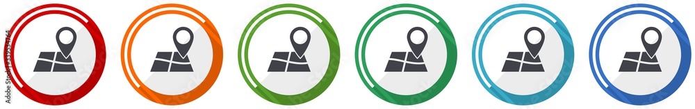 Aufkleber Gps, map, travel icon set, flat design vector illustration in 6 colors options for webdesign and mobile applications