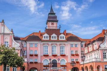 Front facade of City Hall building in Ilawa city, Poland