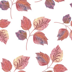 Bright red leaves on a white background. Botanical seamless pattern for design, print, fabric. Abstract botanical art. Colorful art background.