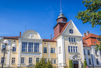 Front view of City Hall building in Tuchola town, Poland