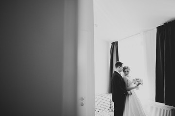 Romantic wedding moment, couple of newlyweds smiling portrait, bride and groom hugging