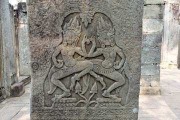 A bas-relief of expressive images of heavenly dancers is an apsar in the famous Angkor temple complex in Cambodia. Ancient and mysterious.