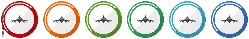 Poster Flight icon set, plane, aircraf flat design vector illustration in 6 colors options for webdesign and mobile applications