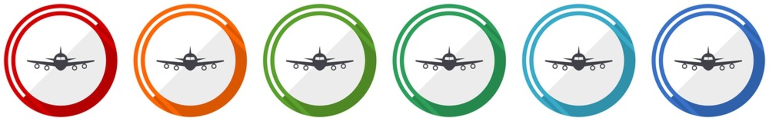 Flight icon set, plane, aircraf flat design vector illustration in 6 colors options for webdesign and mobile applications