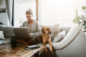 Businesswoman working on laptop computer sitting at home with a dog pet and managing her business...