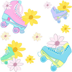 Roller skate with flowers on white background. Amusement park illustration. Summer graphic. Summer pattern.