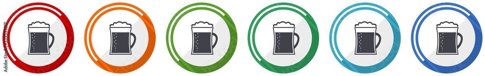 Poster beer in mug icon set, lager, drink flat design vector illustration in 6 colors options for webdesign