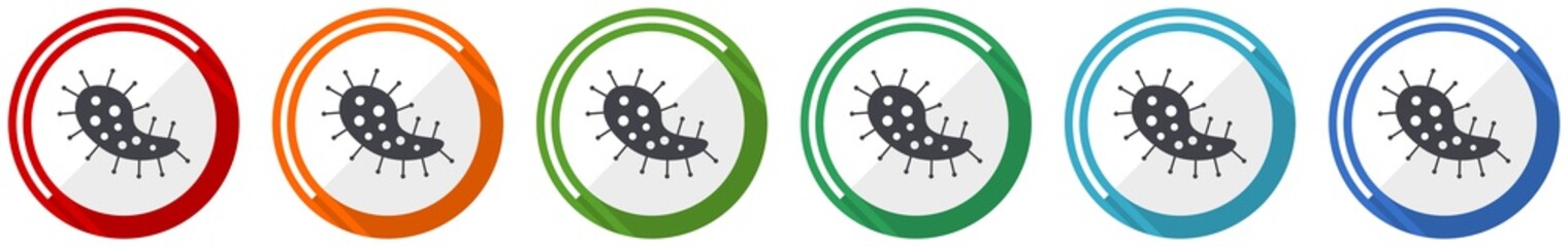 Virus icon set, bacteria, pathogen, infection flat design vector illustration in 6 colors options for webdesign and mobile applications