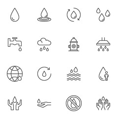 Water drop line icons set. linear style symbols collection, outline signs pack. vector graphics. Set includes icons as raindrop, water cycle, fire hydrant, shower, sea waves, washing hands, faucet tap