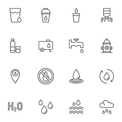 Water line icons set. linear style symbols collection, outline signs pack. vector graphics. Set includes icons as water cooler, dispenser bottle, fire hydrant, rain drop, tear, sea waves, bucket