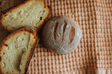 Home bread. Baking at home. Crusty bread made from wheat flour.