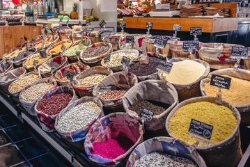 Outdoor-Kissen Store with grain and seeds on the San Anton indoor market in Madrid city, Spain © Fotokon