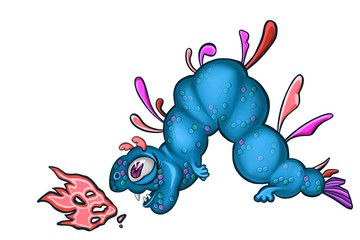 Smiling blue caterpillar breathes fire