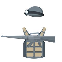 Modern weapons and armor of a soldier. Military helmet, bulletproof vest, rifle for shooting. Special forces uniforms. Military kit. Cartoon flat illustration