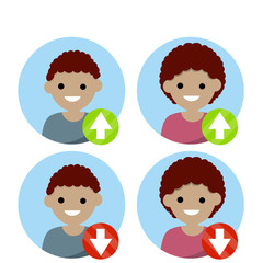 Set of avatars of man and woman in circle for social network. Human head. Rise and fall icon. Red and green Arrow up and down. Statistics, top and ranking. Flat cartoon. Young boy and girl.