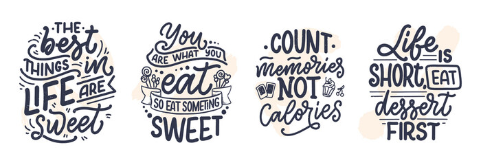 Set with funny sayings, inspirational quotes for cafe or bakery print. Embossed tape and brush calligraphy. Dessert lettering slogans in hand drawn style. Vector
