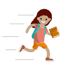 Girl run with book. Student goes to school. Kid with backpack is late for school. Guy in summer clothes. Cartoon flat illustration. Happy child