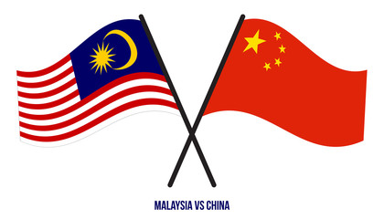 Malaysia and China Flags Crossed And Waving Flat Style. Official Proportion. Correct Colors