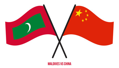 Maldives and China Flags Crossed And Waving Flat Style. Official Proportion. Correct Colors