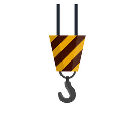 Industrial crane. Loading and transportation of cargo. Yellow hook. Element of the plant. Cartoon flat illustration