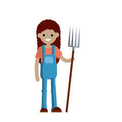 Woman farmer in overalls with fork in hands. Rural type of work. Production of natural food in the village. Girl with tools. Cartoon flat illustration
