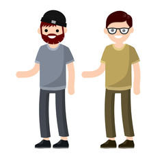 Young man. Set of Guys in gray t-shirt and jeans. The gesture of taking and giving hands. Cartoon flat illustration isolated on white