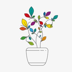 A thin line style colorful plant in a pot. A small tree with colored leaves. Gardening concept.